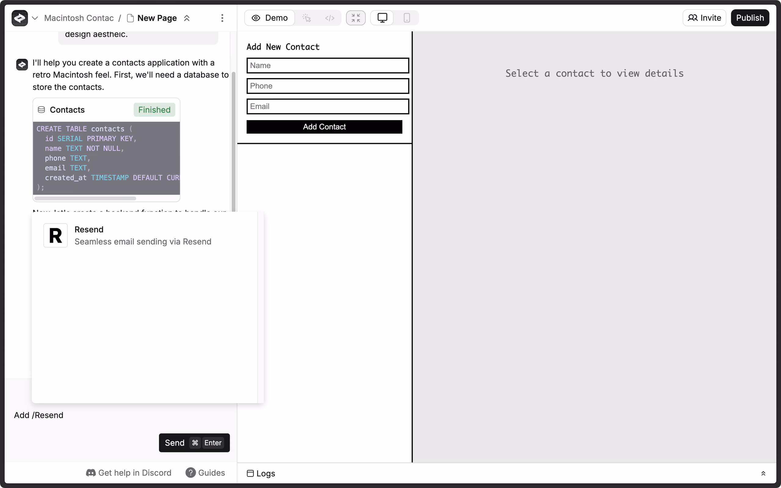 Adding the Resend integration in an Anything chat